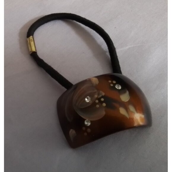 Vintage Brown Floral Hair Tie with Rhinestone Accents, Elastic Hair Band - Picture 1 of 2